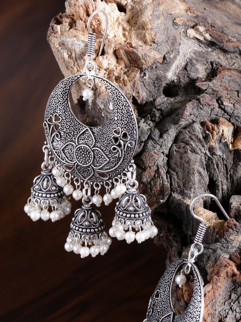 

Priyaasi Off-White Oxidised German Silver Dome-Shaped Chandbalis with Silver Plating