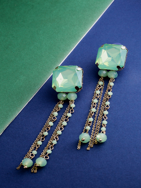 

Priyaasi Sea Green Gold-Plated Tasselled Stone-Studded Contemporary Drop Earrings