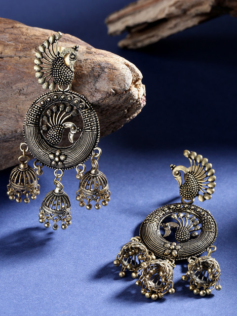 

Priyaasi German Silver Peacock Shaped Jhumkas with Antique Gold Plating