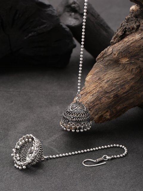 

Priyaasi Silver-Plated German Silver Dome Shaped Oxidised Jhumkas