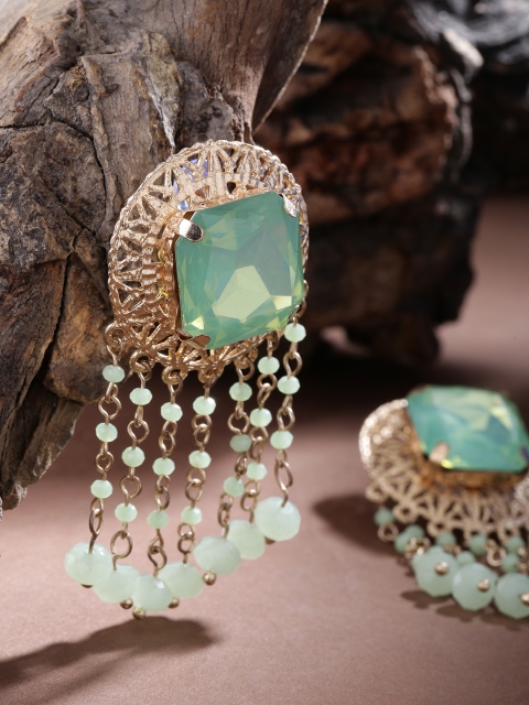 

Priyaasi Sea Green Gold-Plated Stone-Studded Tasselled Circular Drop Earrings