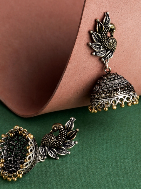 

Priyaasi Silver-Plated German Silver Peacock Shaped Oxidised Handcrafted Jhumkas