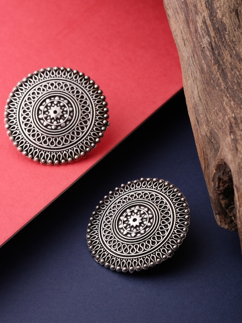 

Priyaasi Oxidised German Silver Textured Circular Drop Earrings with Silver Plating