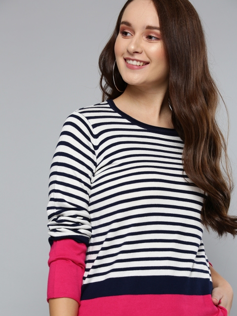 

Mast & Harbour Women White & Navy Blue Striped Sweater