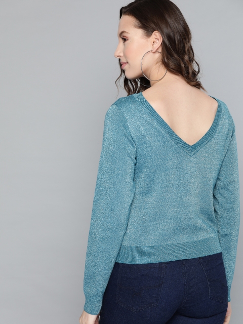 

Mast & Harbour Women Teal Blue Shimmer Styled Back Pullover Sweater