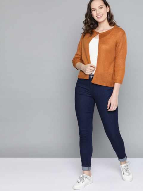 Women Mustard Brown Solid Front-Open Sweater