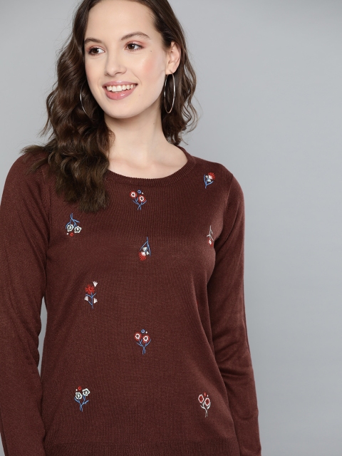 

Mast & Harbour Women Burgundy Embroidered Pullover Sweater