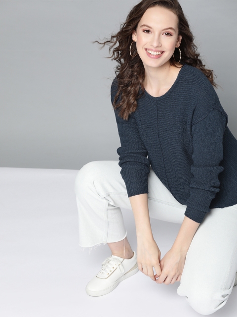 

Mast & Harbour Women Navy Blue Solid Pullover Sweater