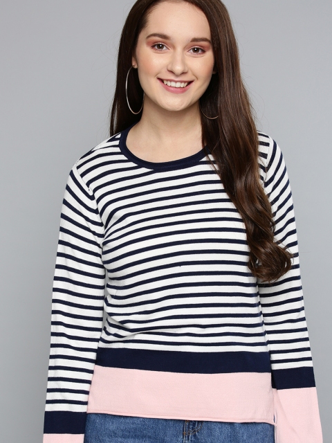 

Mast & Harbour Women White & Navy Blue Striped Sweater