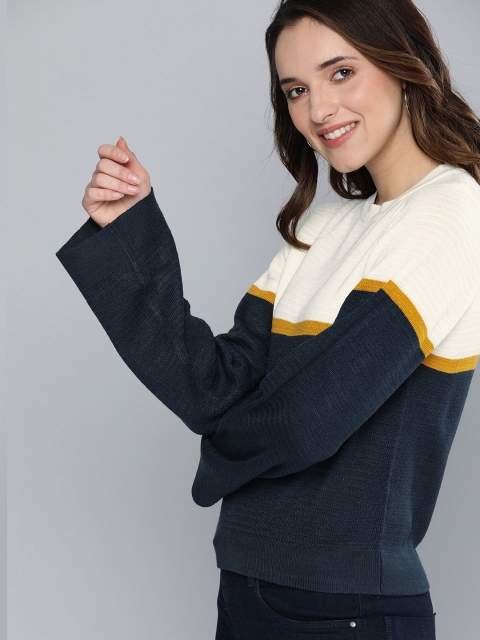 

Mast & Harbour Women Off-White & Navy Blue Colourblocked Pullover Sweater