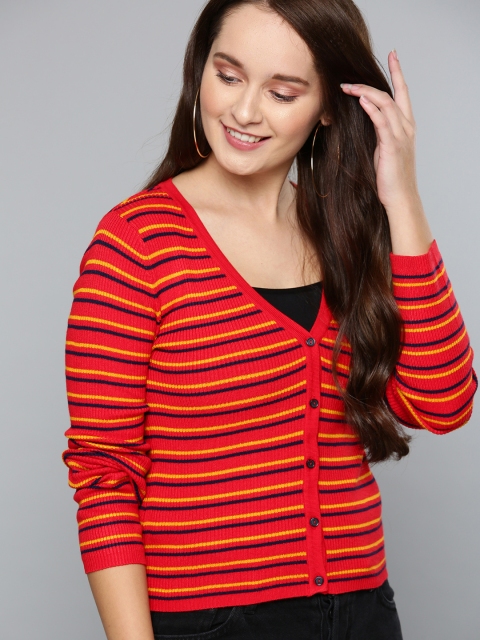 

Mast & Harbour Women Red & Navy Blue Striped Cardigan