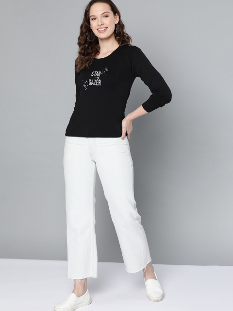 

Mast & Harbour Women Black Solid Pullover Sweater with Embroidered Detail