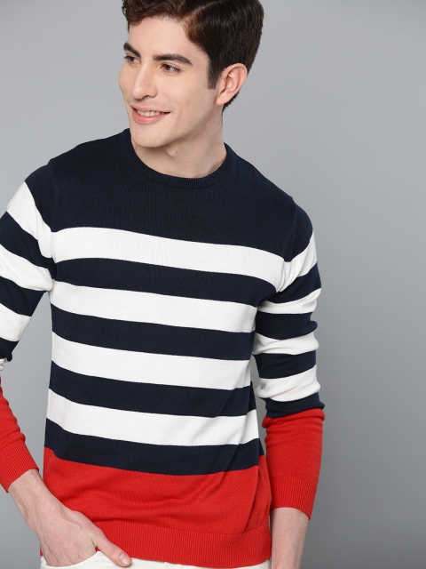 

Mast & Harbour Men Navy Blue & White Striped Sweater