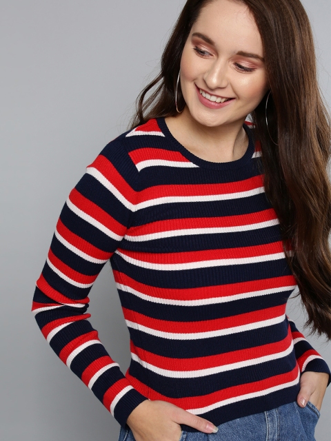 

Mast & Harbour Women Navy Blue & Red Striped Sweater