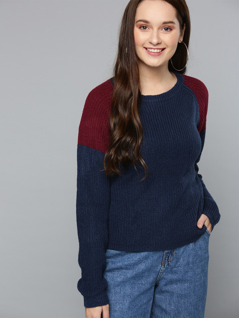 

Mast & Harbour Women Navy Blue & Maroon Solid Sweater