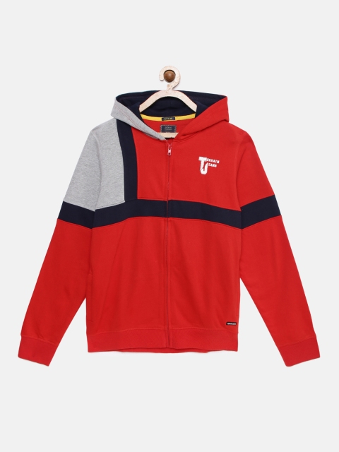 

Indian Terrain Boys Red & Grey Colourblocked Hooded Sweatshirt