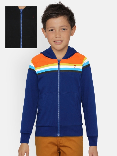 

Indian Terrain Boys Blue & Orange Striped Reversible Hooded Sweatshirt