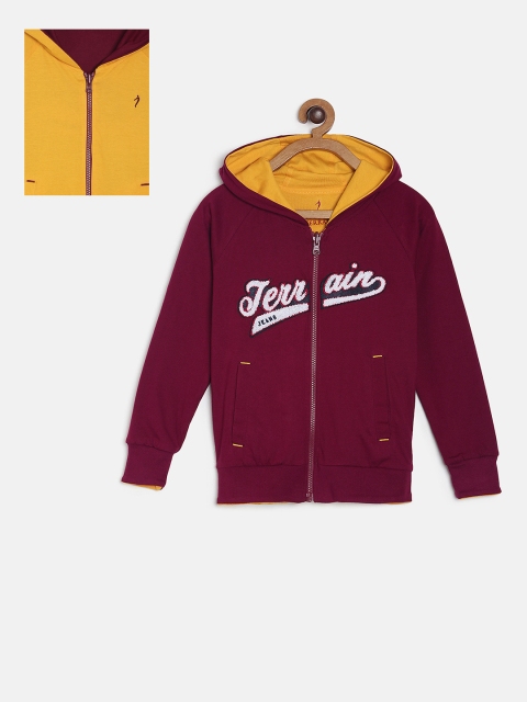 

Indian Terrain Boys Maroon Solid Reversible Hooded Sweatshirt