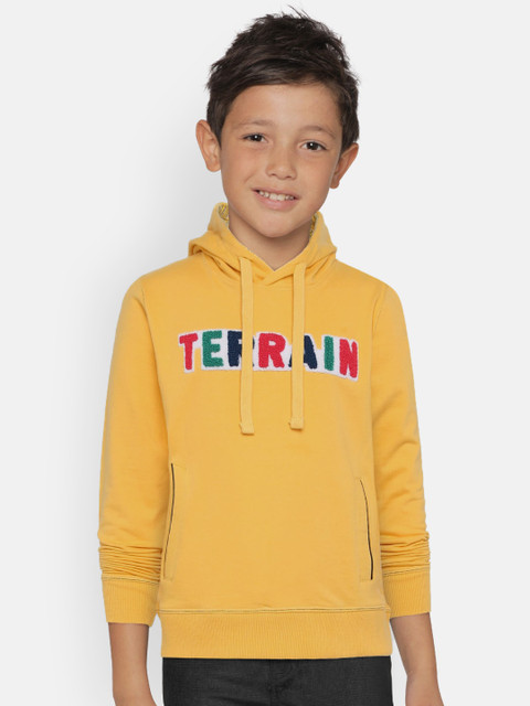

Indian Terrain Boys Yellow Printed Hooded Sweatshirt