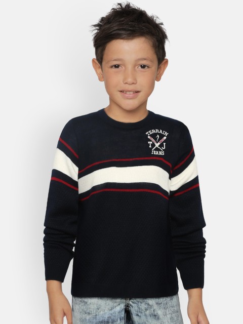 

Indian Terrain Boys Navy Blue & White Striped Sweater