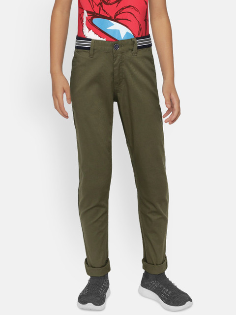 

Indian Terrain Boys Olive Green Regular Fit Self Design Trousers
