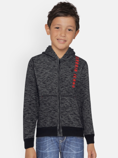 

Indian Terrain Boys Black Self Design Hooded Sweatshirt