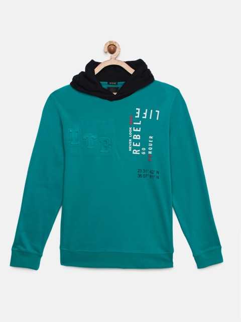 

Indian Terrain Boys Blue Printed Hooded Sweatshirt