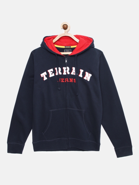 

Indian Terrain Boys Navy Blue Embroidered Hooded Sweatshirt