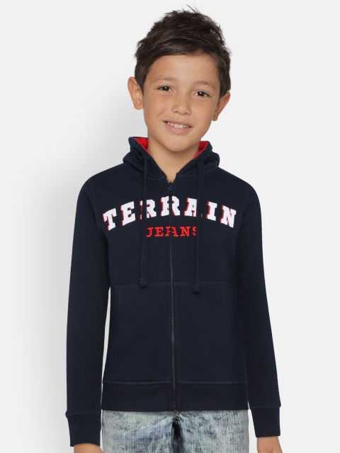

Indian Terrain Boys Navy Blue Self Design Hooded Sweatshirt