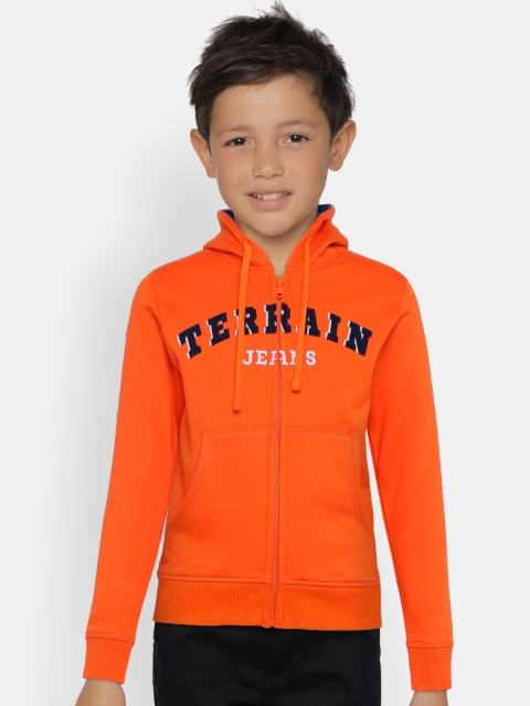 

Indian Terrain Boys Orange Printed Hooded Sweatshirt