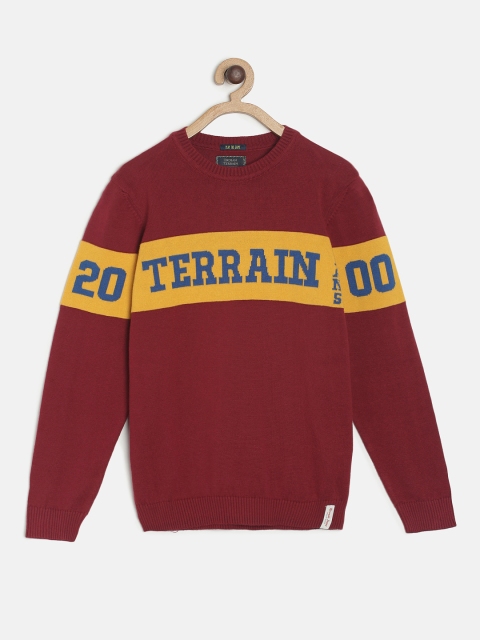 

Indian Terrain Boys Maroon & Yellow Colourblocked Sweater