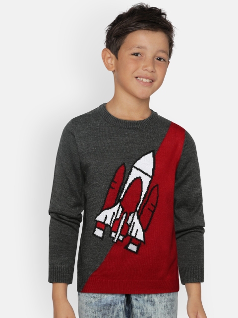 

Indian Terrain Boys Grey Melange & Red Colourblocked Sweater