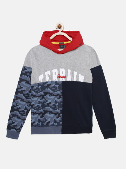 

Indian Terrain Boys Grey Melange & Blue Colourblocked Hooded Sweatshirt