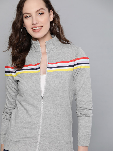 

Mast & Harbour Women Grey Melange Solid Sweatshirt with Striped Detail