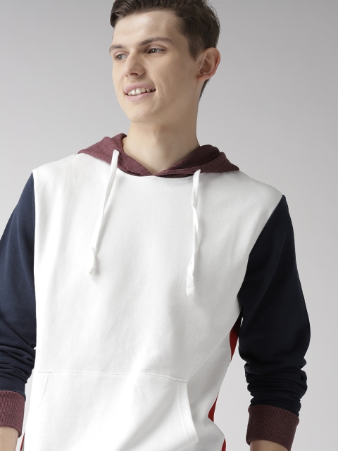 

Mast & Harbour Men White & Red Colourblocked Hooded Sweatshirt