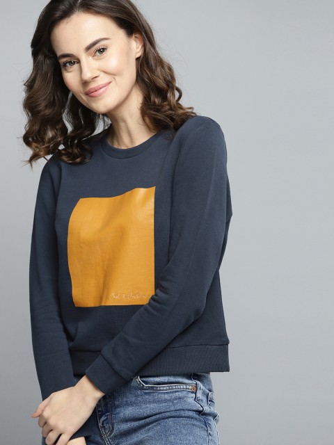

Mast & Harbour Women Navy Blue & Mustard Yellow Colourblocked Sweatshirt