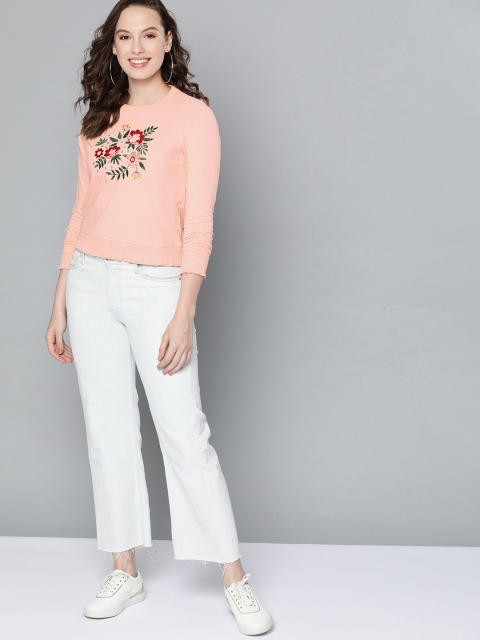 

Mast & Harbour Women Peach-Coloured & Green Embroidered Sweatshirt