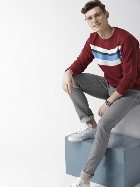 

Mast & Harbour Men Maroon & White Striped Sweatshirt