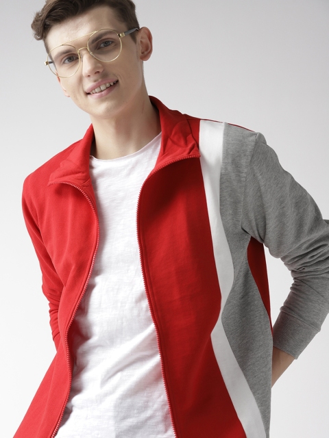 

Mast & Harbour Men Red & Grey Melange Colourblocked Sweatshirt