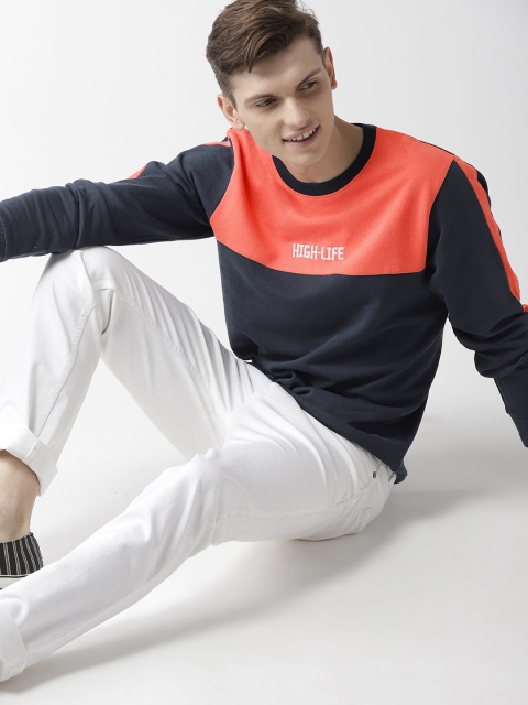 

Mast & Harbour Men Navy Blue & Peach-Coloured Colourblocked Sweatshirt