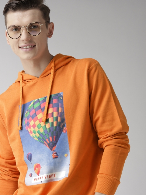 

Mast & Harbour Men Orange Printed Hooded Sweatshirt