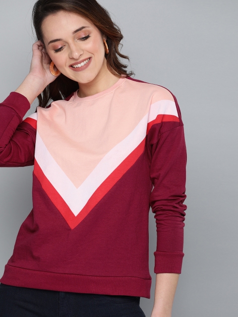 

Mast & Harbour Women Maroon & Pink Colourblocked Sweatshirt