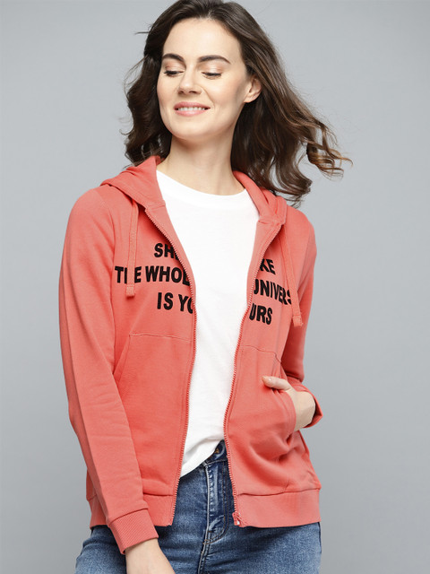 

Mast & Harbour Women Coral Pink & Black Printed Hooded Sweatshirt