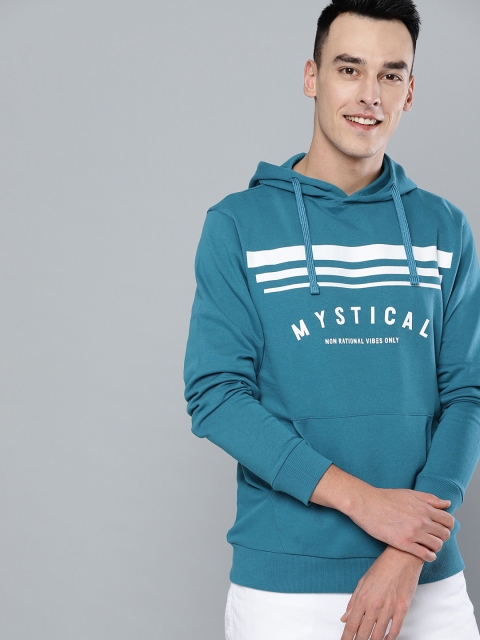 

Mast & Harbour Men Blue & White Printed Hooded Sweatshirt