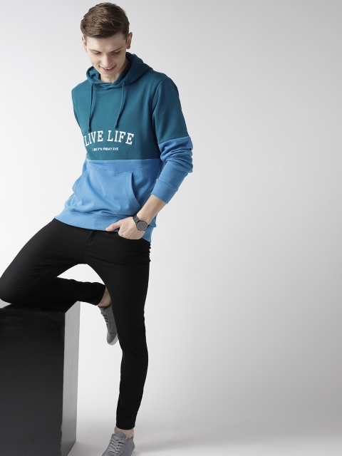 

Mast & Harbour Men Blue Colourblocked Hooded Sweatshirt