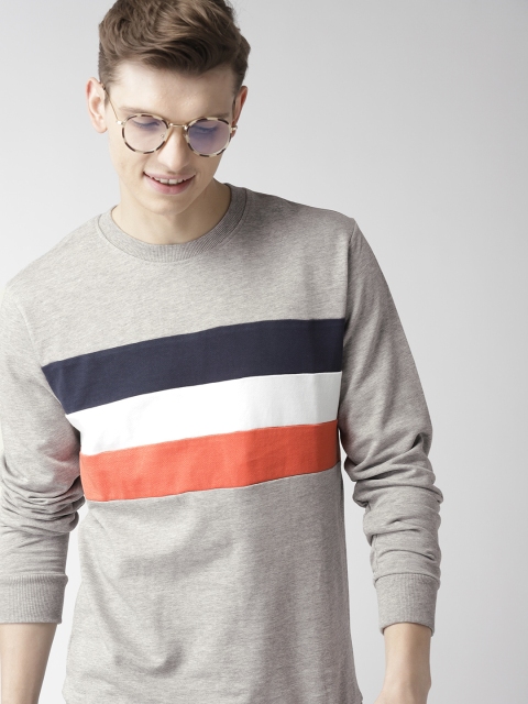 

Mast & Harbour Men Grey Melange Striped Sweatshirt