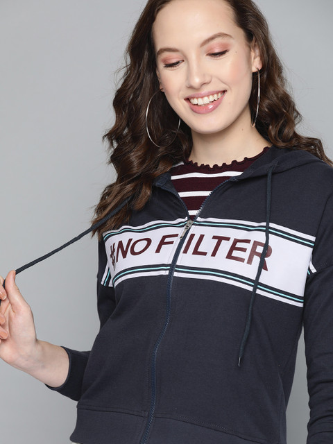 

Mast & Harbour Women Navy Blue & White Printed Hooded Sweatshirt