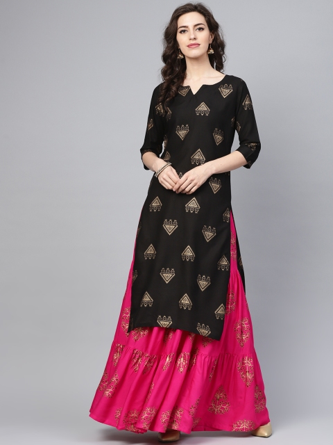 

Libas Women Black & Golden Block Print Kurta with Skirt