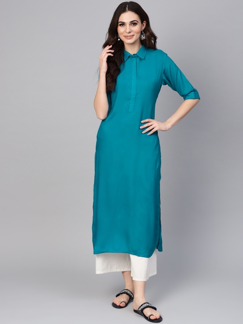 

Libas Women Teal blue Solid Pathani Kurta