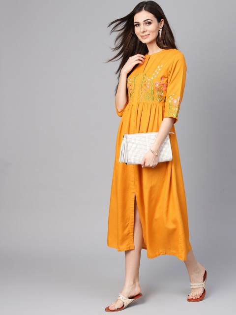 

Libas Women Mustard Yellow Floral Embroidered Detail A-Line Dress